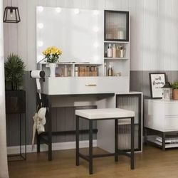 Hollywood Vanity Makeup Desk Set w/ Lighted Bulb Mirror, Storage Cabinet + Stool — Modern Black & White