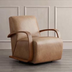 Cognac Brown Leather Swivel Accent Chair with Walnut Solid Wood Arm Modern Armchair for Living Room or Bedroom