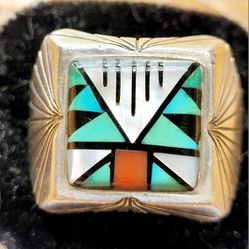 Zuni Style Sterling Silver Men's Signed Ring