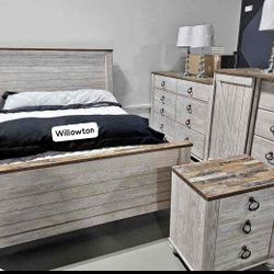 Willowton Whitewash Panel Bedroom Set. Bed, Dresser, Mirror, Nightstand, Chest.       QUEEN & KING