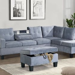 GREY VELVET SECTIONAL WITH OTTOMAN 