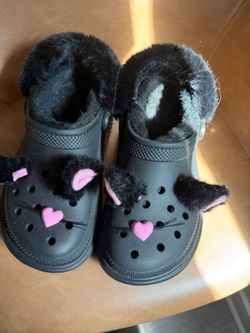 Crocs Black Faux Fur Lined Clogs with Cat Design