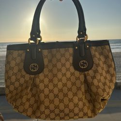 Vintage Gucci Monogram Canvas Handbag Gold Studded GG Logo - Rare Collector Bag
