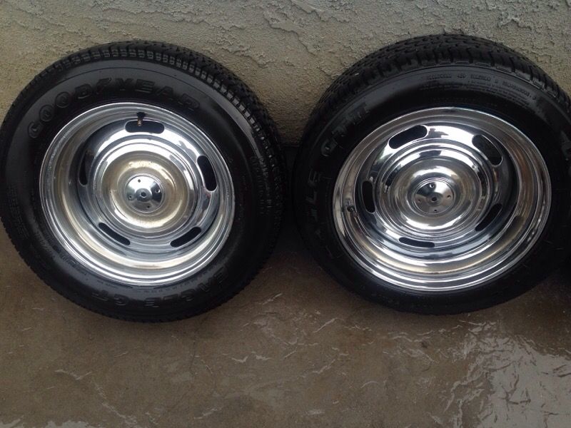 14x7 chrome Chevy rally wheels and tires