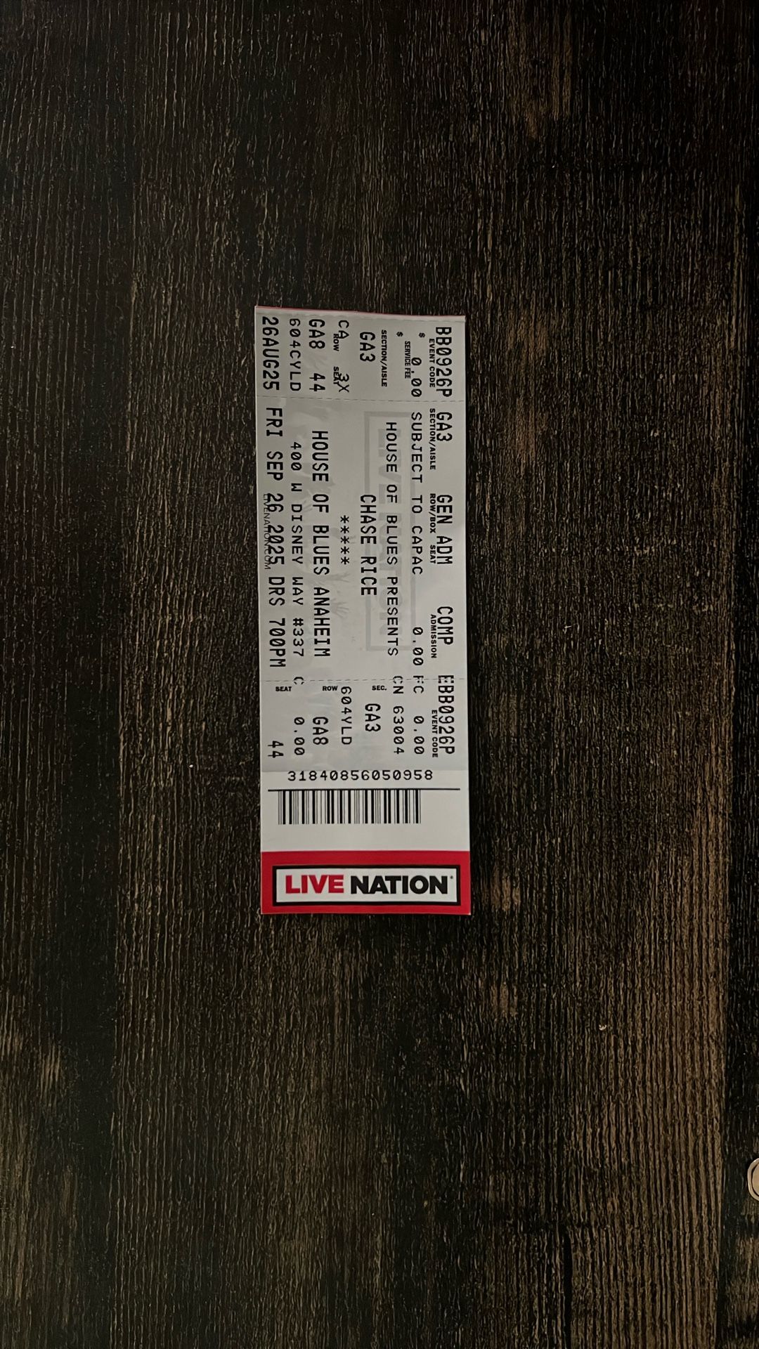 Chase Rice Ticket