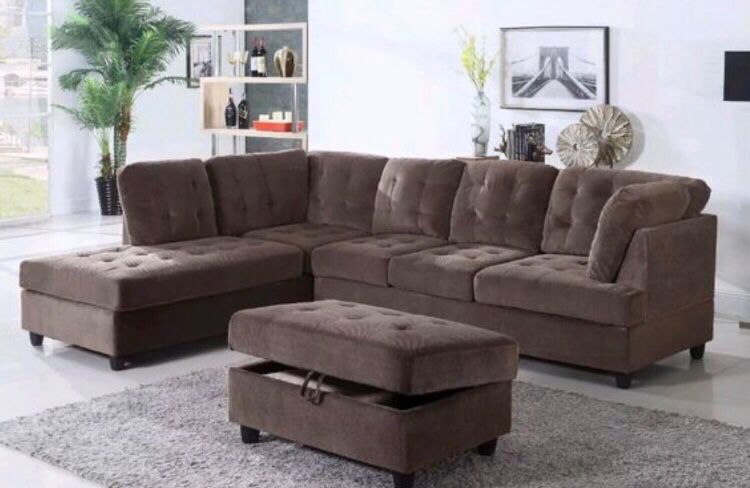 Brand New Brown Chenille Sectional Sofa with Storage Ottoman