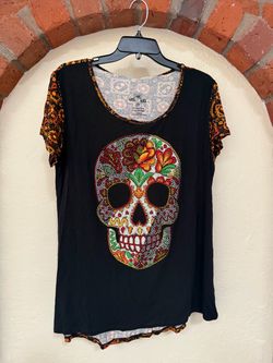 Ay Güey Sugar Skull Rhinestone Floral Shirt Women’s 4XL 4XG Mexico NWT