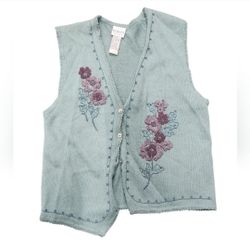 Vintage Koret Petites Size Small Green Sleeveless Knit Vest Embroidered Floral