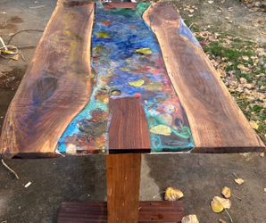 New epoxy resin Dining Table cobblestone autumn River home office desk black walnut L60”*W32”*H30”(address in description) 👇delivery 🚚 available wit