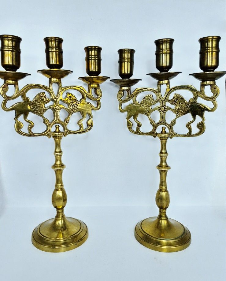 Mid Century Brass "Lions of Judah" Sabbath Candelabras