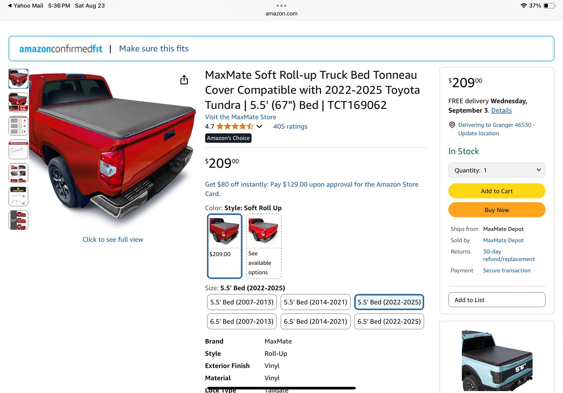 MaxMate Soft Roll-up Truck Bed Tonneau Cover Compatible with 2022-2025 Toyota Tundra | 5.5' (67") Bed | TCT169062