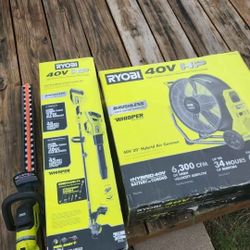 Ryobi 40V 'HP' blower, weed wacker, hedge trimmer, 20" hybrid air cannon, battery, charger