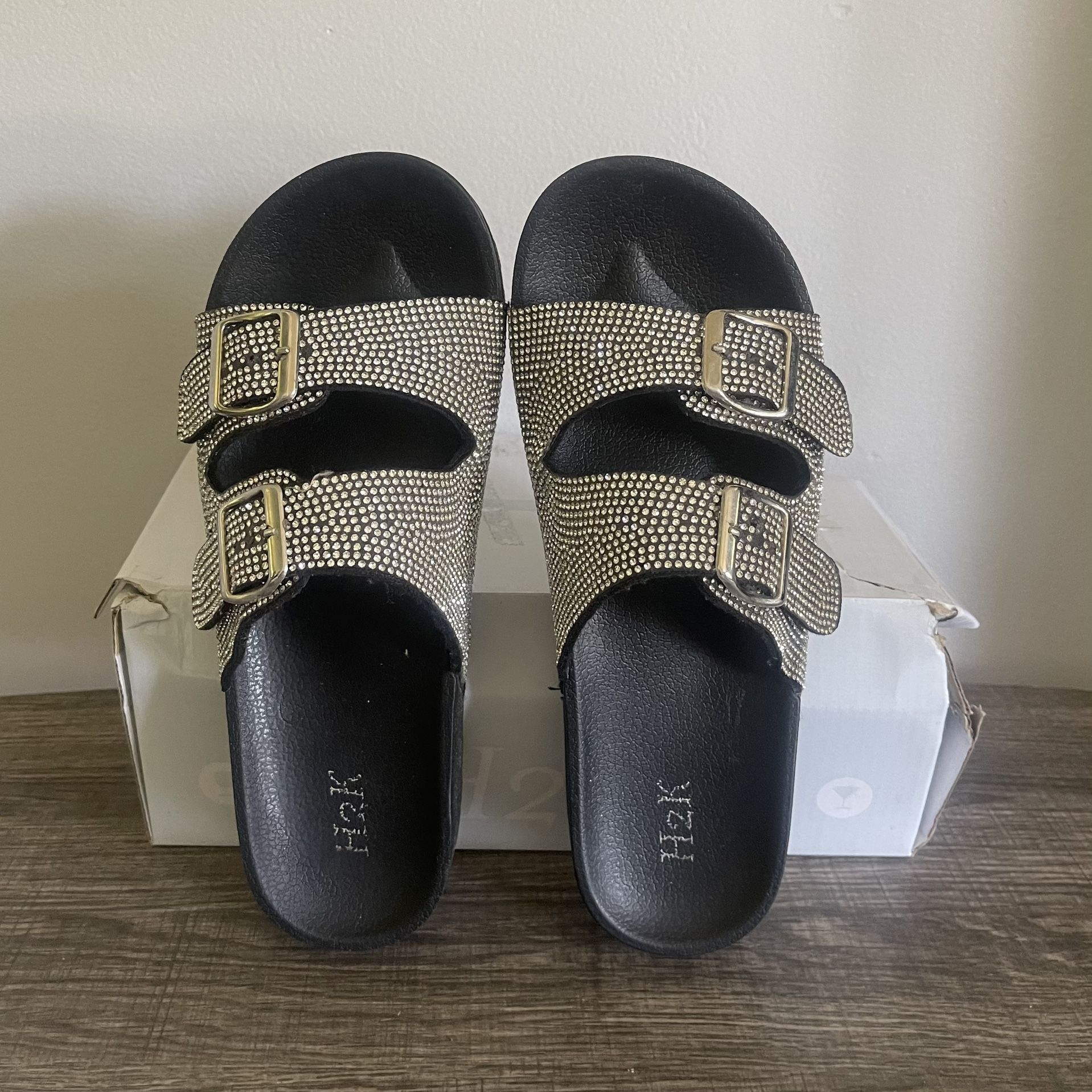 H2K Women’s Glitter Double Buckle Adjustable Slide Sandals, Black Color, Size 8