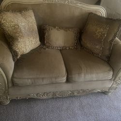Amber Colored Couch, Love Seat, Coffee and End Table