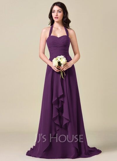 A-Line Halter Sweep Train Chiffon Bridesmaid Dress With Bow(s) Cascading Ruffles