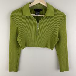 CABLE & GAUGE Y2K 90’s Vibes Green Ribbed Rhinestone Half Zip Cropped Sweater
