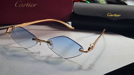 Cartier CT00580 Geometric Rimless De Panthere Blue Lenses Gold Frame Sunglasses