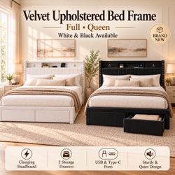 🔥 SALE! Luxury Velvet Bed Frame – Full / Queen, Storage Drawers & USB Charging