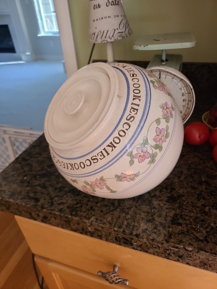 Vintage Cookie Jar Farmhouse Ironstone Blue Mauve Floral Round Canister Bowl Shabbychic
70s