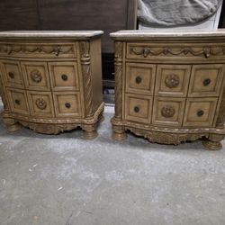 Set of 2 Blonde Wood / Granite Top Nightstands