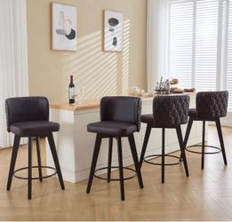 Set of 4, Brown Bar Stools- 360 Swivel Bar Stools with Back Faux Leather Button-Tufted Backrest Solid Wood Legs 27.5" H Seat