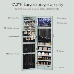 6 LEDs Mirror Cabinet, 47.2-Inch Tall Lockable Wall or Door Mounted Jewelry Armoire Organizer