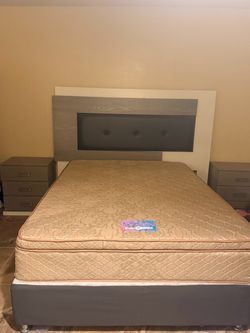 Queen bed set, side drawers and mirror chest.