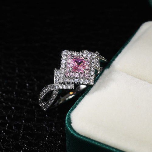 "Beautiful Pure Pink Double Layer Weave Princess Cut CZ Ring, K832
 
  