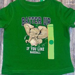 New Baby Boy Size 12 Months Green “Batter Up” Elephant Baseball Tee Shirt