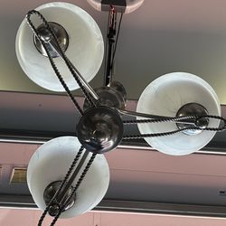 Traditional Style 3 Light Chandelier With Alabaster Glass Shades.