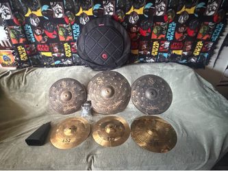 Used Zildjian S Dark Cymbal Pack + Wuhan Set + Bag-(*S Dark 18” Crash has a cracked edge), Used Pdp Snare, snare hardware, cymbal hardware