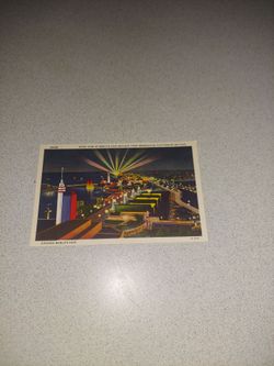 VINTAGE NIGHT VIEW OF WORLD'S FAIR GROUNDS FROM OBSERVATION PLATFORM OF SKY RIDGE UNUSED POSTCARD
