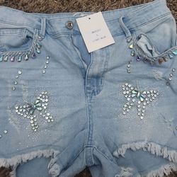 New Light Blue Embellished Jean Short