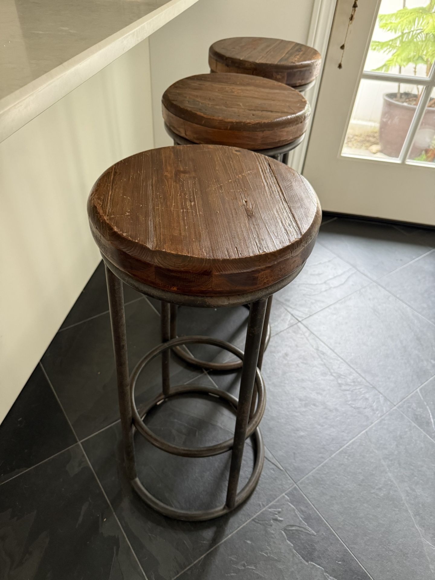 🚚sale! 3 Rustic wooden Bar Stools - Metal Legs With Faux Rust Finish 30”