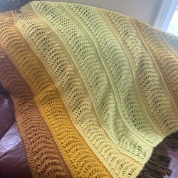 Vtg Crochet Ripple Afghan Blanket 75x53 Autumn Harvest Fall Granny Core Throw