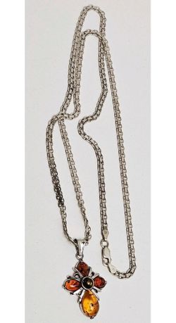 30" Sterling Silver 925/Amber Cross Pendant Poland / Italy Bismarck Chain 21.6g