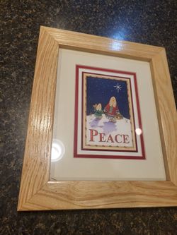 PEACE rabbits looking at night sky framed/glass art approx 11x13" wide light oak frame