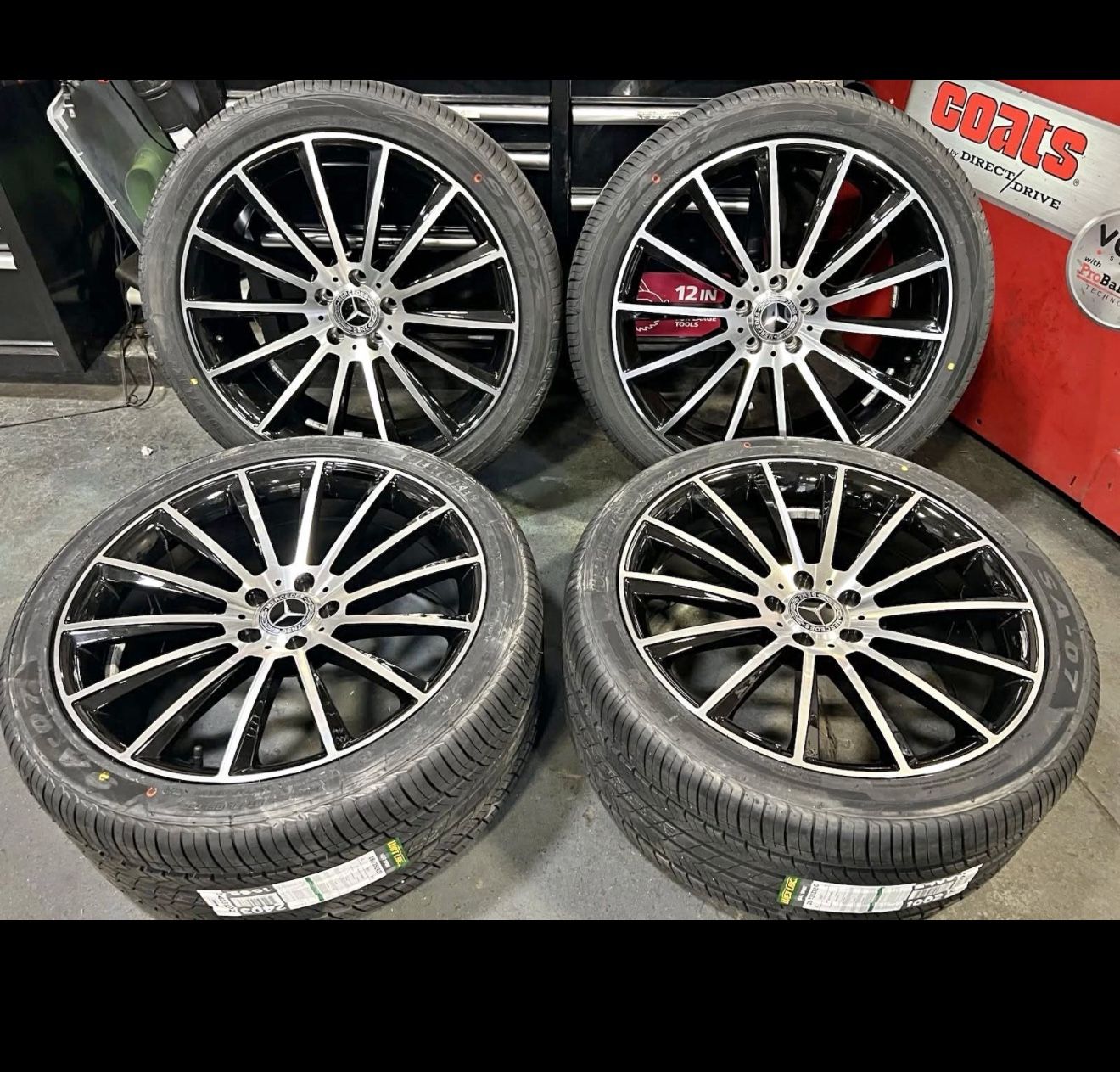 20" MERCEDES GLOSS BLACK MACHINED WHEELS & TIRES 5x112 FITS S550 S560 S580 4MATIC