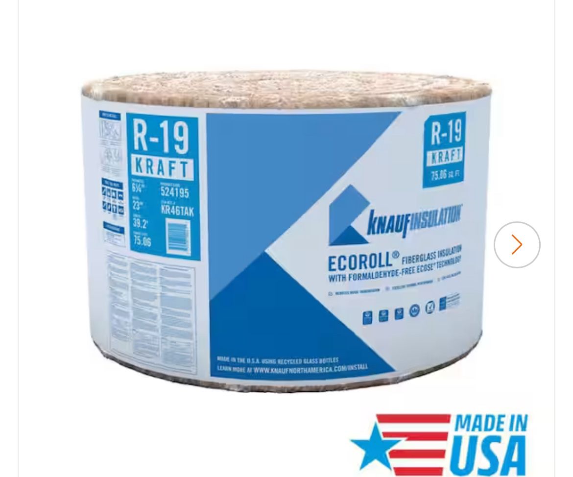 Knauf Insulation R19 Kraft Faced 23 in. x 39.2 ft. Fiberglass Insulation Roll for Floor, 2x6 Wall - Sound-Reducing, USA Made (1-Roll)