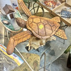 New Carved Mahogany Turtle On Stand 