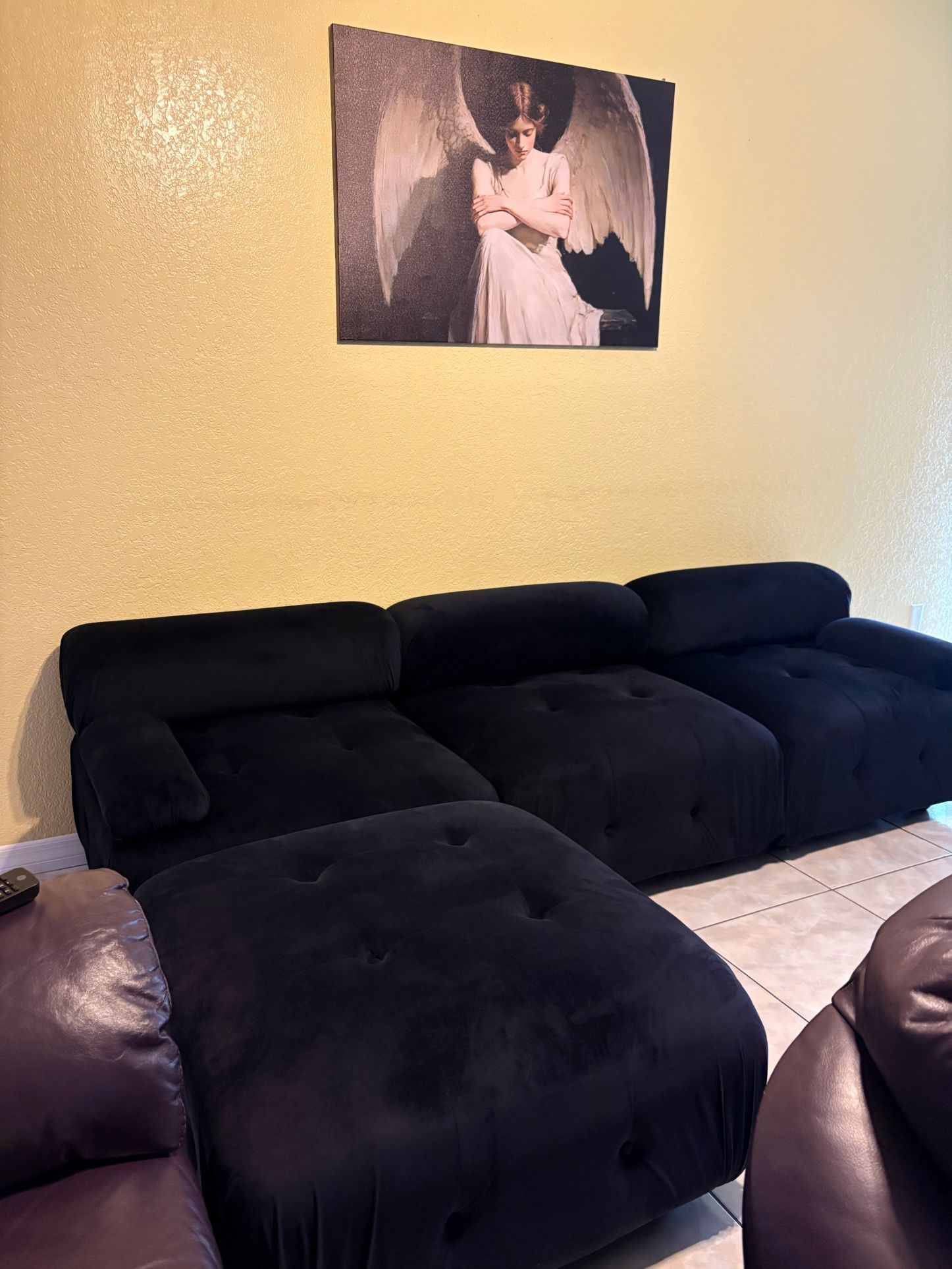 Title Mario Bellini-Inspired Black Velvet Sectional + Ottoman