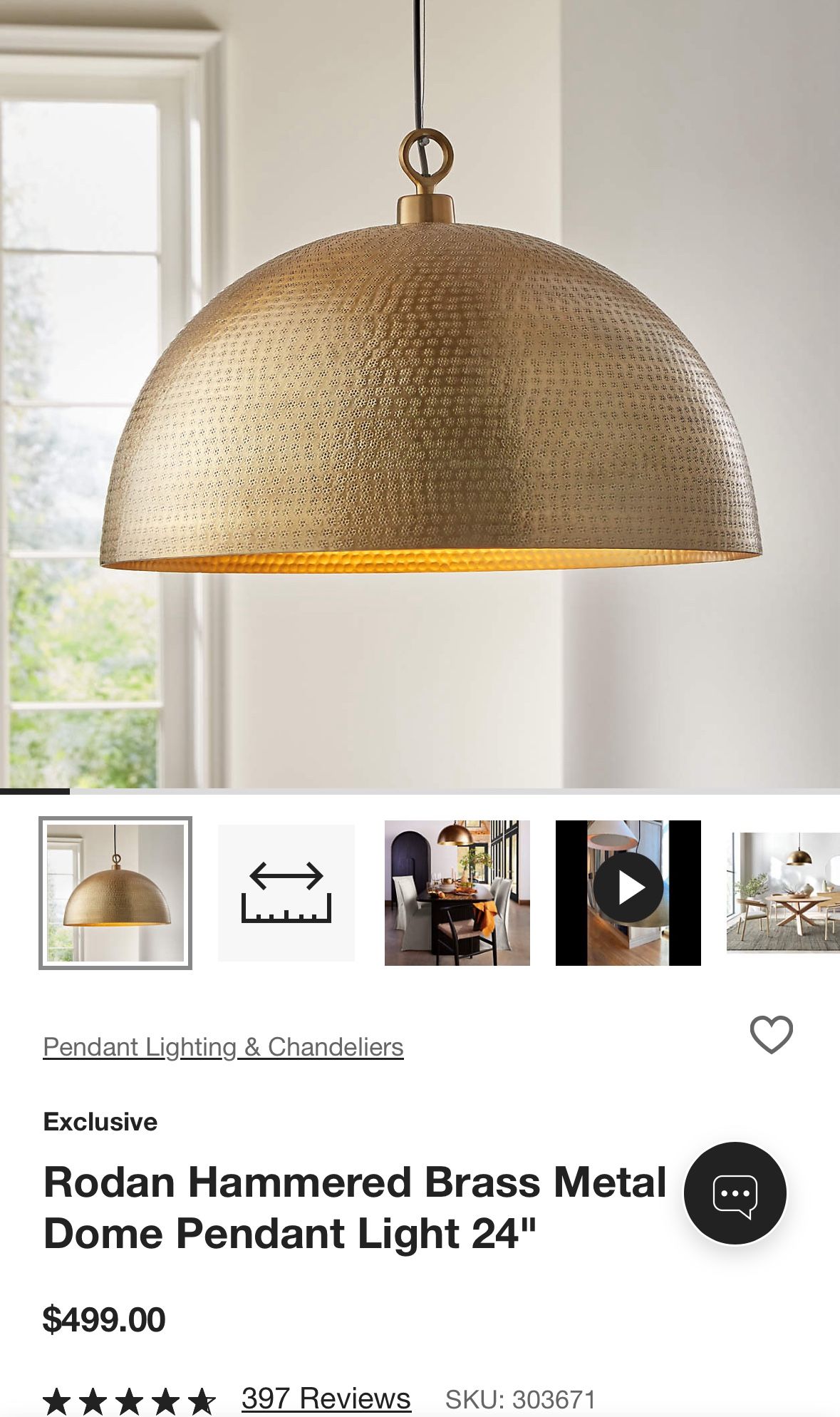 Rodan Crate & Barrel Hammered Brass Metal Dome Pendant Light 24"