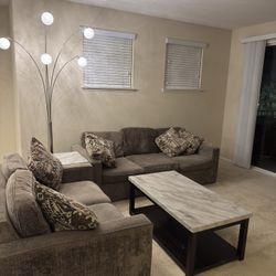 Living Room Set – 2 Couches + Marble-Look Coffee & End Table + 5-Light Floor Lamp