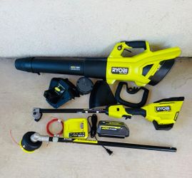 RYOBI 40V Brushless Whisper 17 in Trimmer + Whisper 160 MPH Blower + 4AH Battery Combo New