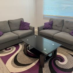2 Grey, 2 Seat Sofa Couches With 4 Purple Pillows and A Grey Coffee Table With Black Glass