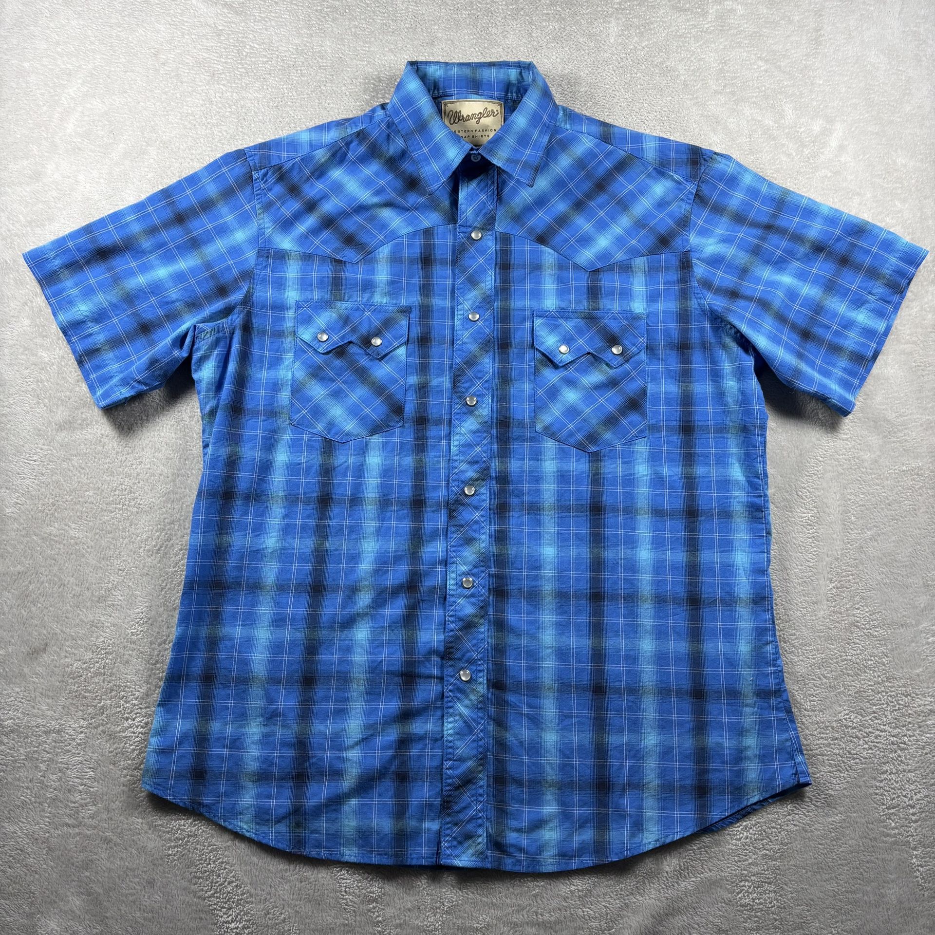 Wrangler Western Pearl Snap Men’s L Blue Plaid Short Sleeve Shirt Rodeo #4A