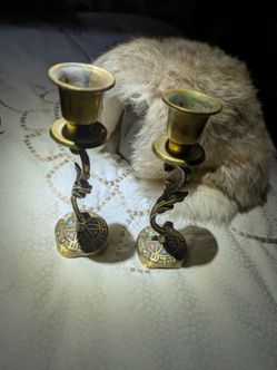 Very unique Handcrafted Brass candle holders with inadestones and Israel lettering