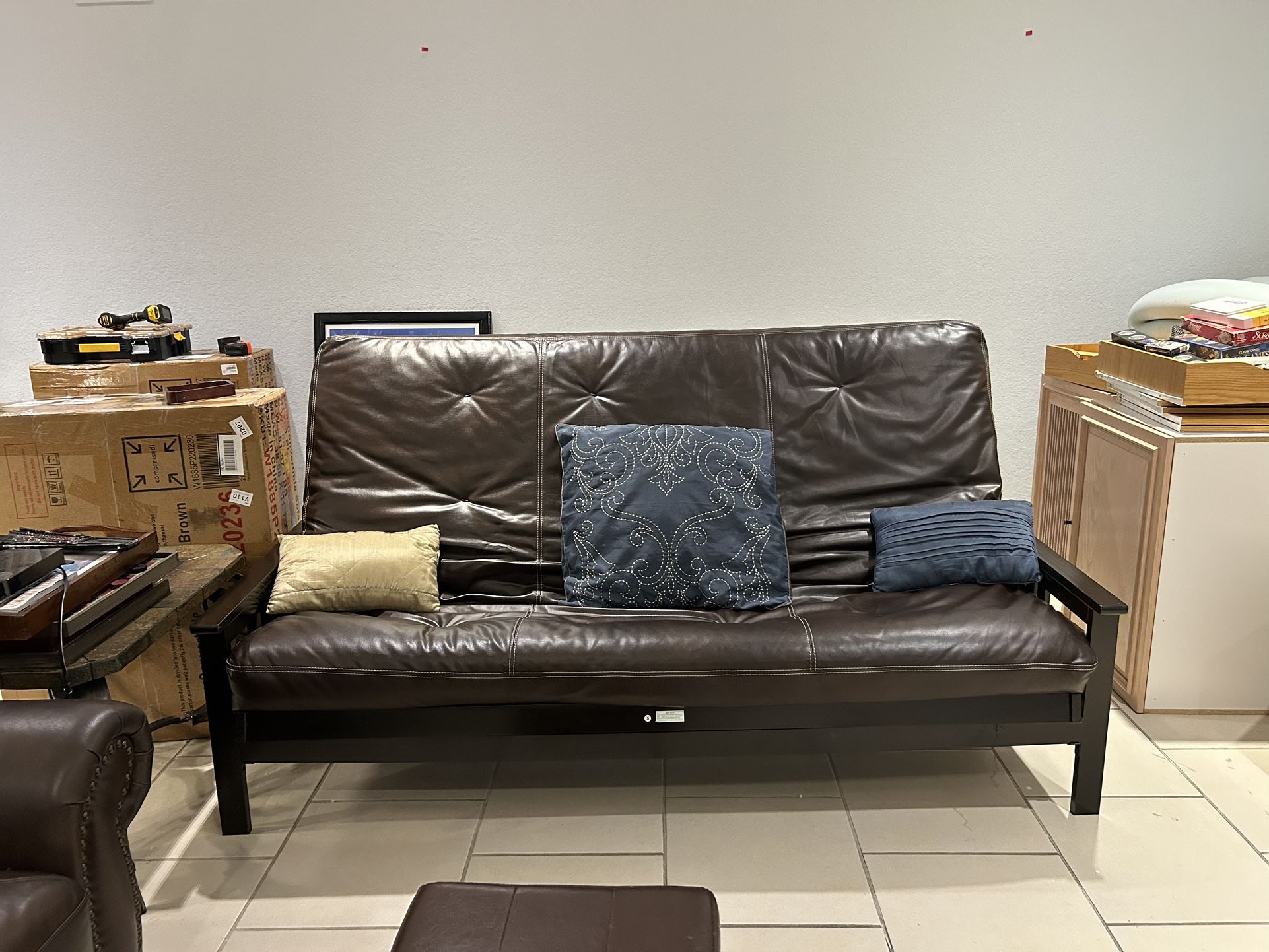 Queen Faux Leather Futon Sofa