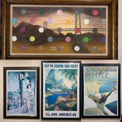 (3) Z Gallerie Pictured Frames - CUBA 34x23 / FLY TO SOUTH 41x28 / MEETING AVIATION 43x31 (1) Painting Wooden Frame