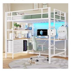 DICTAC Full Size Loft Bed with L-Shaped Desk, LED Lights and Charging Station Full Metal Loft Bed Frame with 3 Storage Shelves & 3 Fabric Drawers
